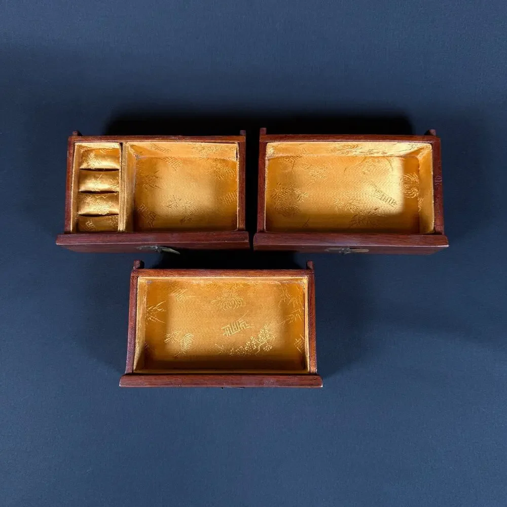 Vintage Chinese Dressing Case Jewelry Box Wood Brass Lined 4 Drawer